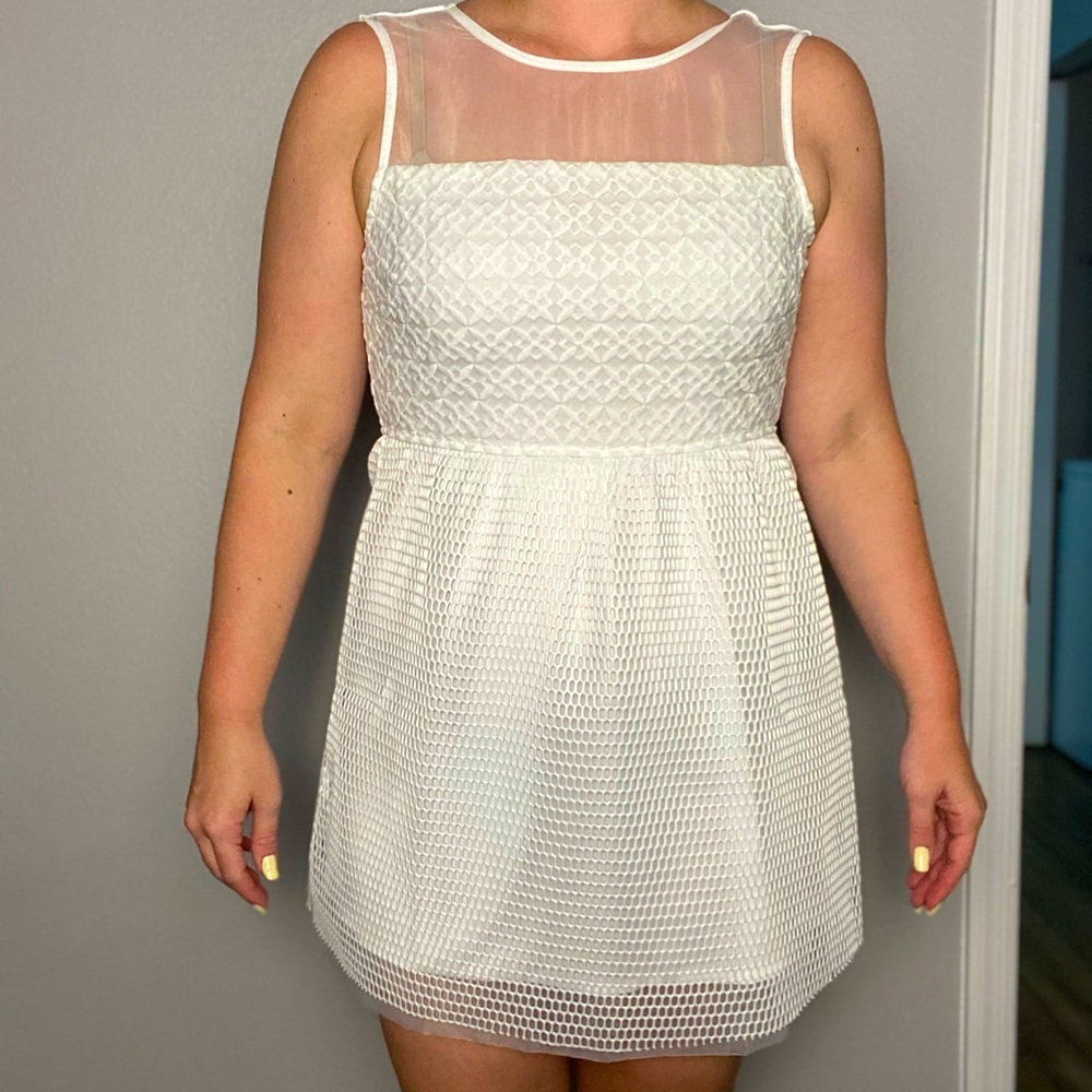 White mini dress with sheer top